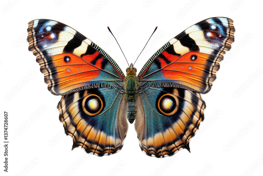 Poster a vibrant butterfly with intricate patterns and colors displayed against a black background space