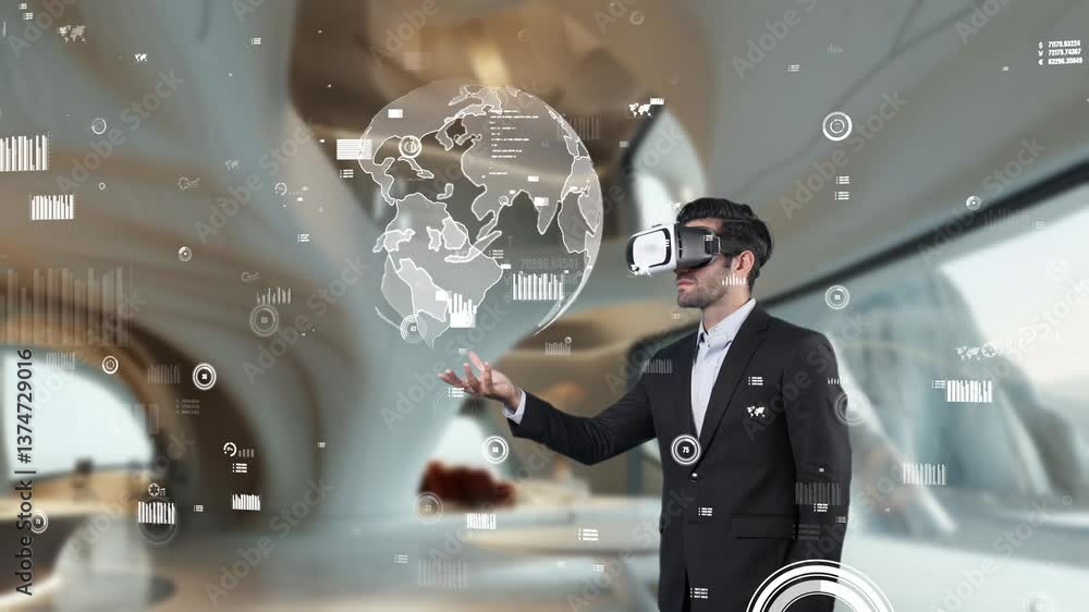 Poster professional business man holding network globe hologram while wearing vr glasses. skilled project m