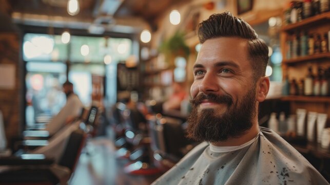 Man enjoys grooming experience in a lively barbershop with modern trimmers and a welcoming atmosphere