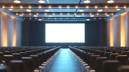 Interior view of an auditorium with rows of seats and a large blank screen on the stage area lit up