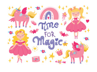 Childrens magic poster with princess and unicorns. Cute girlish poster cartoon style. Time for magic.