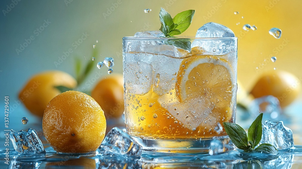 Poster a glass of lemonade with a lemon slice on top and ice cubes in the bottom