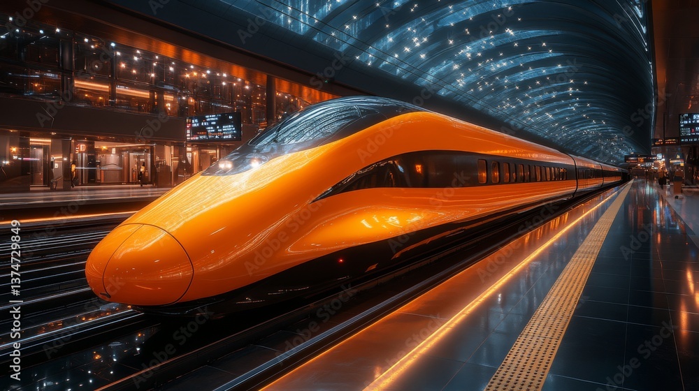 Aufkleber a highspeed maglev train, featuring a vibrant orange exterior, is stationed at a cutting edge railwa