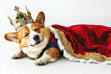 A cute corgi dog is depicted wearing a royal costume and crown against a white background with copy space