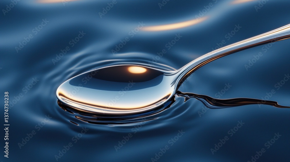 Poster close-up of a spoon with a drop of water on it. the spoon is silver in color and has a curved handle