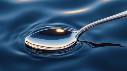 Close-up of a spoon with a drop of water on it. the spoon is silver in color and has a curved handle.