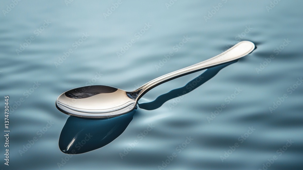 Poster close-up of a spoon resting on a blue surface. the spoon is made of silver and has a long handle wit