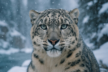 雪山に佇むユキヒョウと氷の瞳が見つめる静寂の瞬間