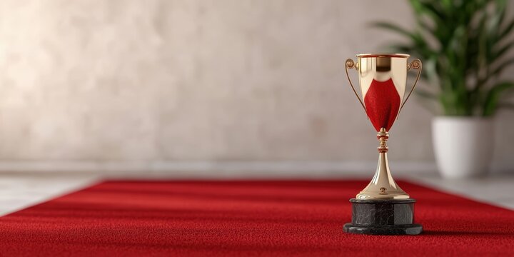 award ceremony invitation, a prestigious postcard showcases a close-up of a golden award on a red carpet with a soft-focus background and a blank banner for a congratulatory note