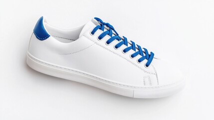 Photograph of a white sneaker with blue laces. the sneaker has a round toe and a white rubber sole. the upper part of the shoe is made of white leather with a blue stripe on the side.