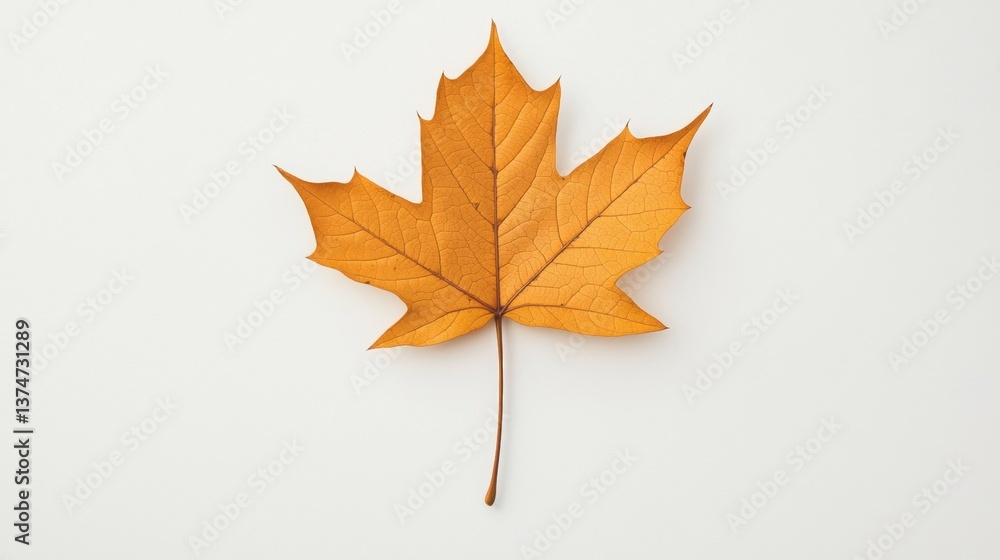 Poster single leaf, which appears to be a maple leaf, on a plain white background. the leaf is orange in co