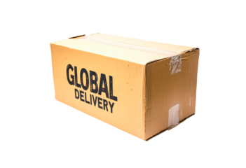 A cardboard box labeled for global delivery isolated on transparent background