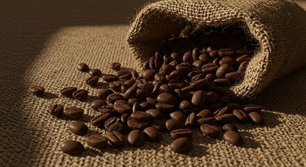 Coffee beans spilling from a burlap sack onto a textured surface in warm lighting conditions