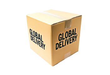 A cardboard box labeled for global delivery isolated on transparent background
