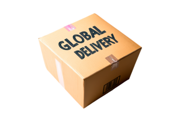 A cardboard box labeled for global delivery isolated on transparent background