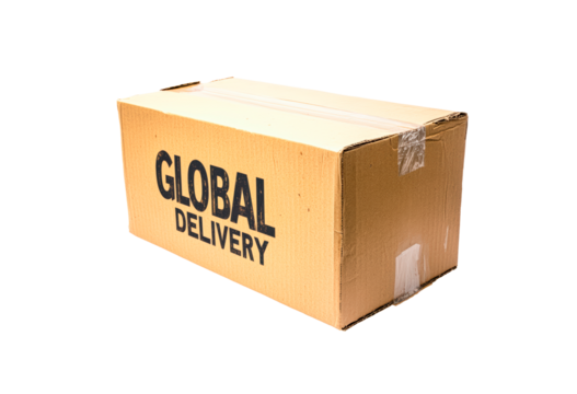 A cardboard box labeled for global delivery isolated on transparent background