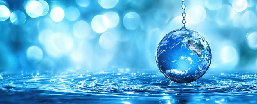 A droplet resembling planet Earth floats above rippling water, embodying themes of World Water Day, sustainability, and conservation. A powerful image for environmental and climate action campaigns