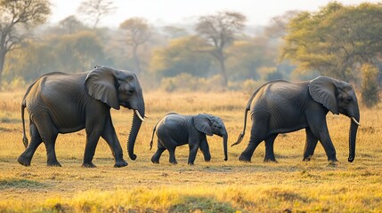 Fototapeta premium A line of elephants walking across a grassy plain with trees in the background on a sunny day