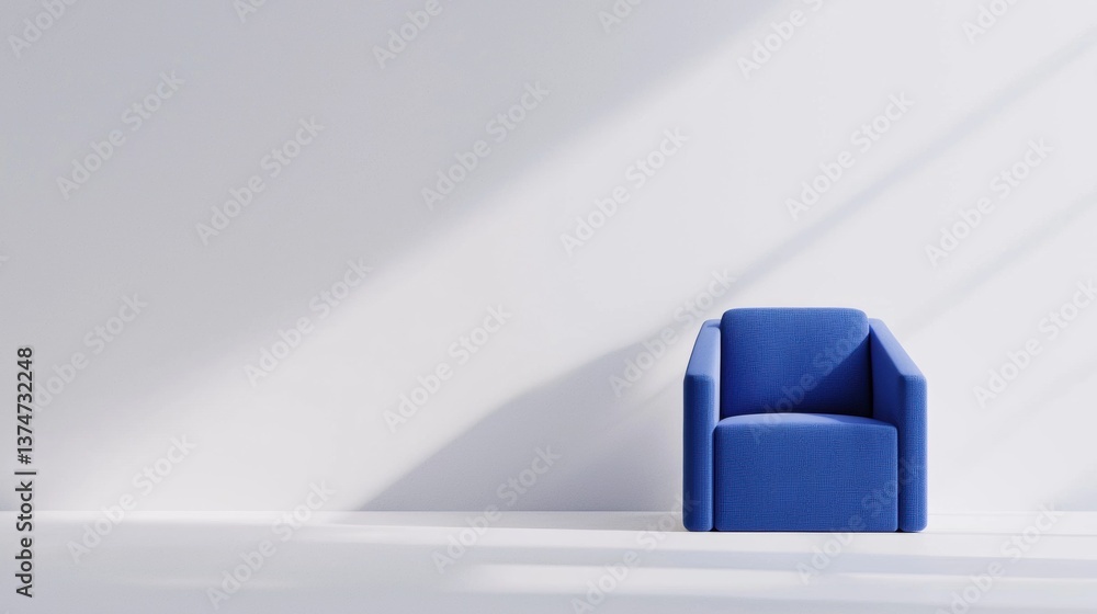 Poster blue armchair on a white floor. the armchair is facing towards the right side of the image and is po