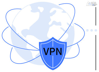 Globe with orbiting lines and VPN shield illustrating secure internet connection. Ideal for cybersecurity, privacy, safe browsing, encryption, online security, virtual network, and data safety. Flat