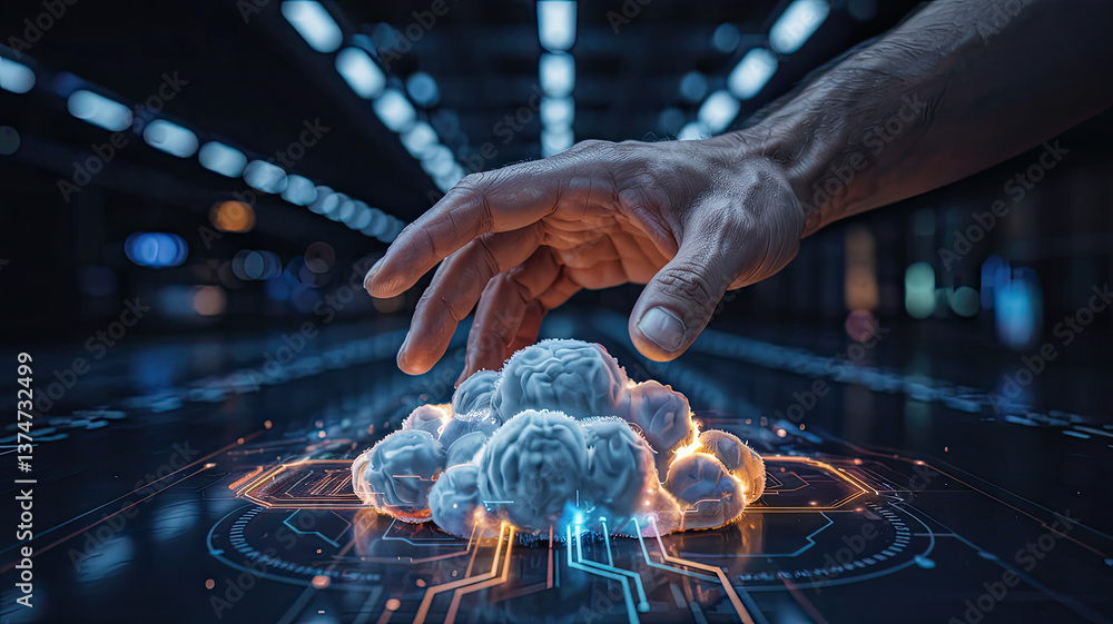 Aufkleber reaching for the cloud: a dynamic and contemporary image of a hand interacting with a digital cloud 