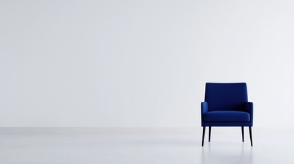 Blue armchair in an empty room with a plain white wall in the background. the chair is facing towards the right side of the image and is positioned in the center of the room.