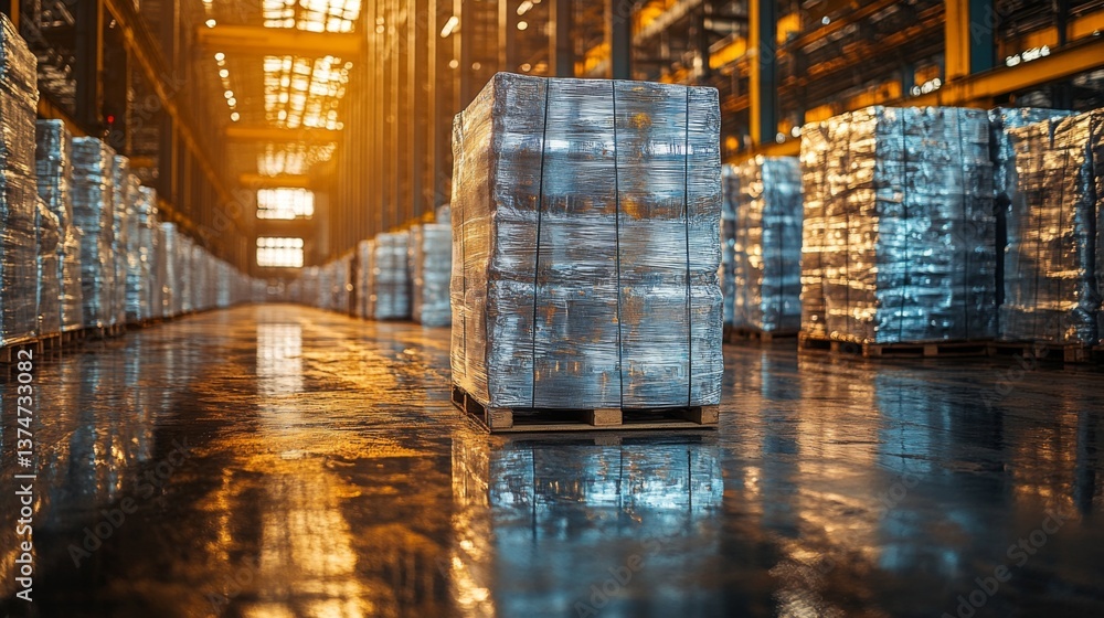 Poster pallets of packaged goods are neatly arranged in a spacious warehouse, illuminated by warm sunlight 