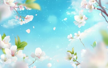 Cherry Blossoms Blooming with Falling Petals Against a Soft Blue Sky