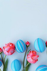Easter-themed quail eggs paired with seasonal flowers, beautifully arranged on a white backdrop, offering a top-down view and copy space for creative use