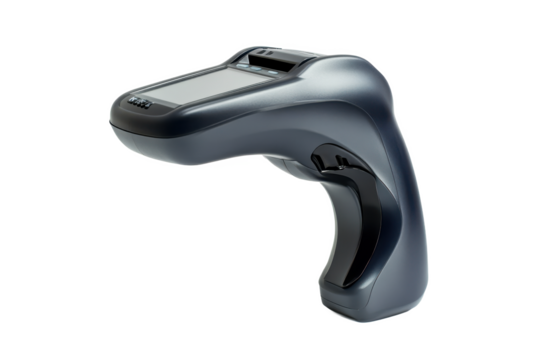 A close up studio shot of a gray barcode scanner on a black background with a screen visible