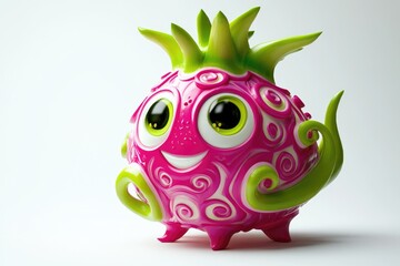 Obraz premium A cheerful, pink, cartoon dragon fruit character with green accents, large eyes, and a playful smile.