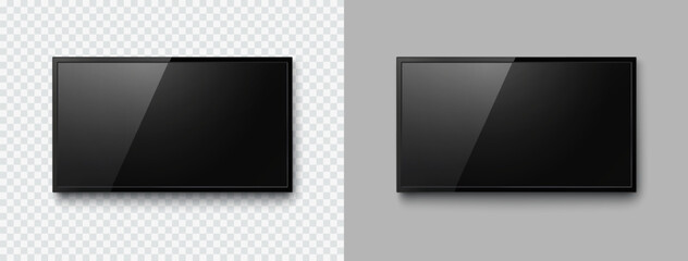 Screen or photo frame isolated on transparent background. Black flat led computer monitor, tablet display. Vector blank lcd, plasma TV mockup