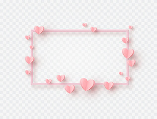 Paper elements in shape of hearts with pink frame on transparent background. Vector symbols of love for Happy Mother's, Valentine's Day or birthday greeting card design