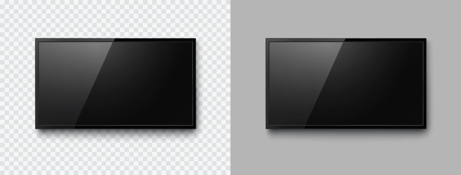 Screen or photo frame isolated on transparent background. Black flat led computer monitor, tablet display. Vector blank lcd, plasma TV mockup