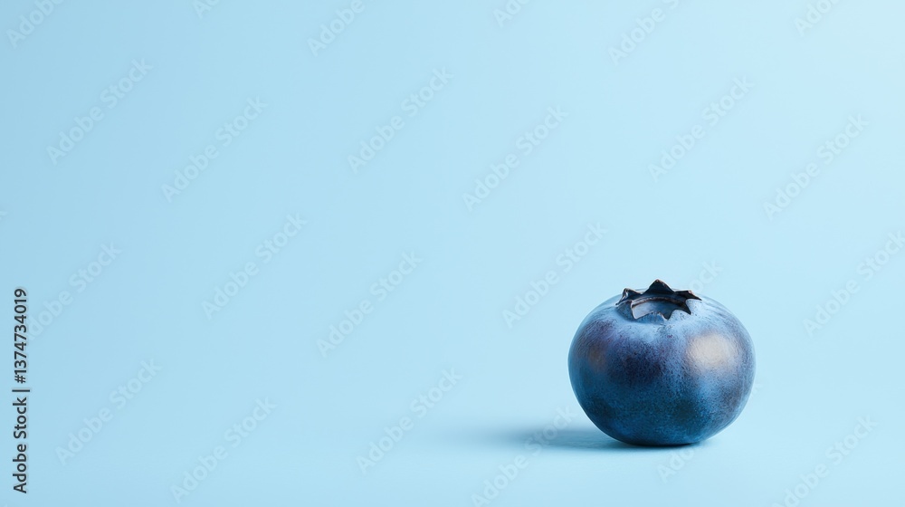 Poster photograph of a single blueberry on a light blue background. the blueberry is in the center of the i