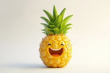 A 3D rendered image of a cheerful pineapple with a big smile, expressing happiness and joy.