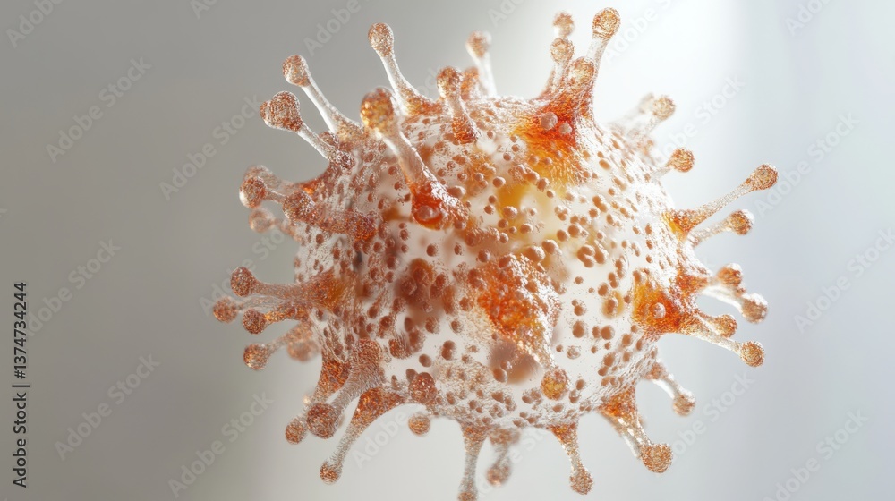 Poster a detailed artistic rendering of a spherical virus particle is shown