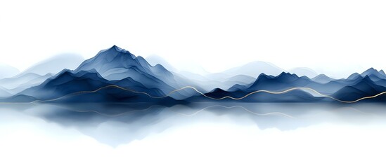 Fototapeta premium Minimalist mountain landscape in blue tones with reflection on water surface creates tranquil panoramic view, seamless pattern for nature-inspired designs.