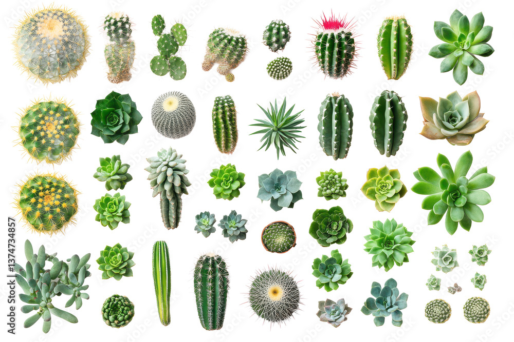 Poster assortment of various cacti and succulent plants displayed on a black background in a grid pattern
