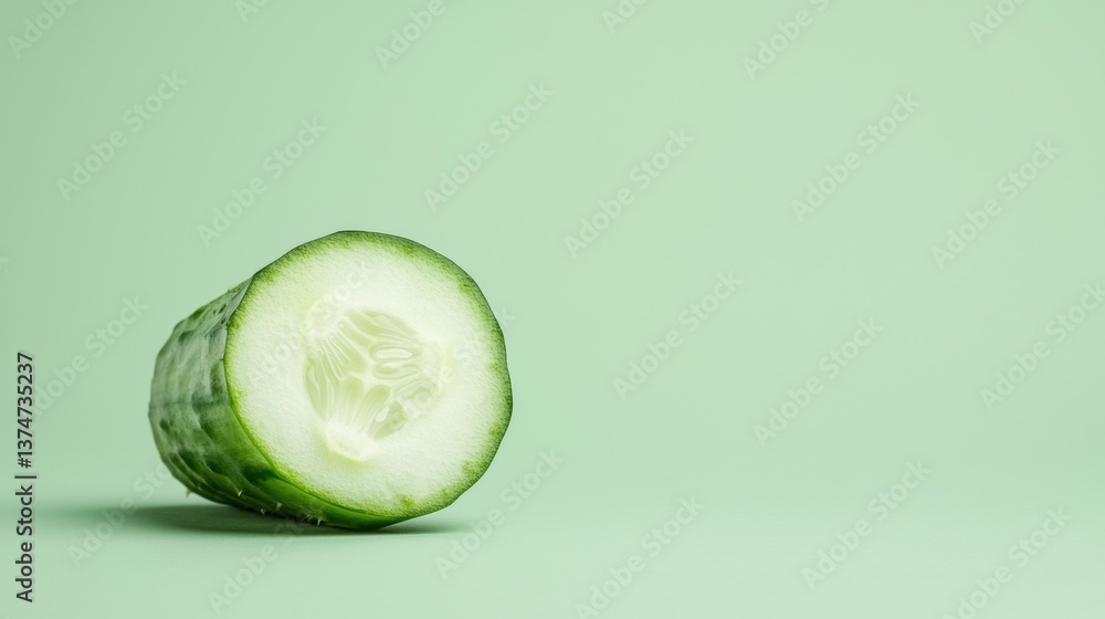 Poster close-up of a single cucumber slice on a light green background. the cucumber is cut in half, reveal