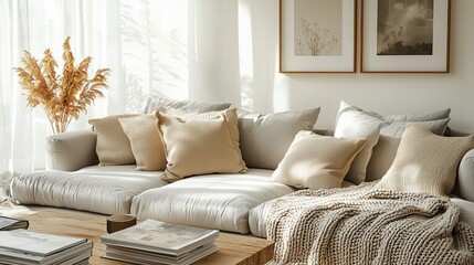 Cozy living room with neutral tones and soft textures  