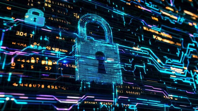 Glowing circuit patterns surround floating security lock. Data streams and binary code create cybersecurity visualization against dark backdrop
