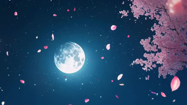 Aerial view of a full moon with cherry blossoms and petals drifting in the night sky, creating a serene and dreamy video scene. Live desktop wallpaper.