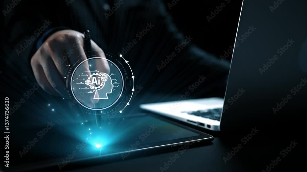Poster human interact with ai artificial intelligence brain processor in concept of ai artificial intellige