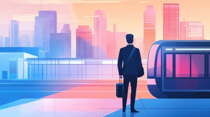 Fototapeta premium Businessman standing at a station awaiting transportation to the city