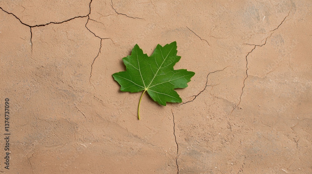 Poster single green leaf lying on a beige-colored surface with cracks and crevices. the leaf appears to be 