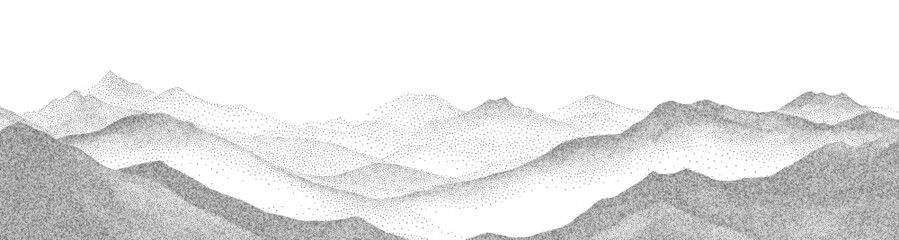 Gritty stippled pattern with abstract undulating rocky mountain background. Grainy overlayed monochrome backdrop with flowing lines like hills. Vector illustration of noise stipple halftone texture.