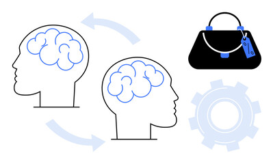 Two human profiles with brain outlines and connecting arrows, handbag, and gear. Ideal for creativity, innovation, professional development, idea sharing, teamwork, business strategy cognitive
