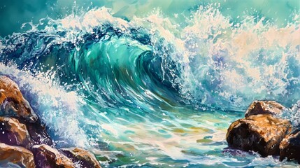 A wave crashing against rocks, frozen in time with vibrant water colors splashing in shades of turquoise, blue, and white. The scene has a dreamy, almost surreal quality due to the color palette. 