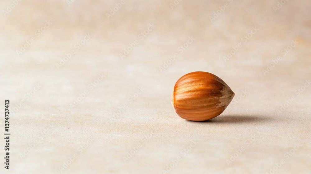 Poster close-up of a single hazelnut on a light beige background. the nut is in the center of the image, wi